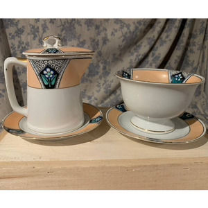 1930s Noritake Morimura Handpainted N2055 Creamer and Sugar Set with Saucers